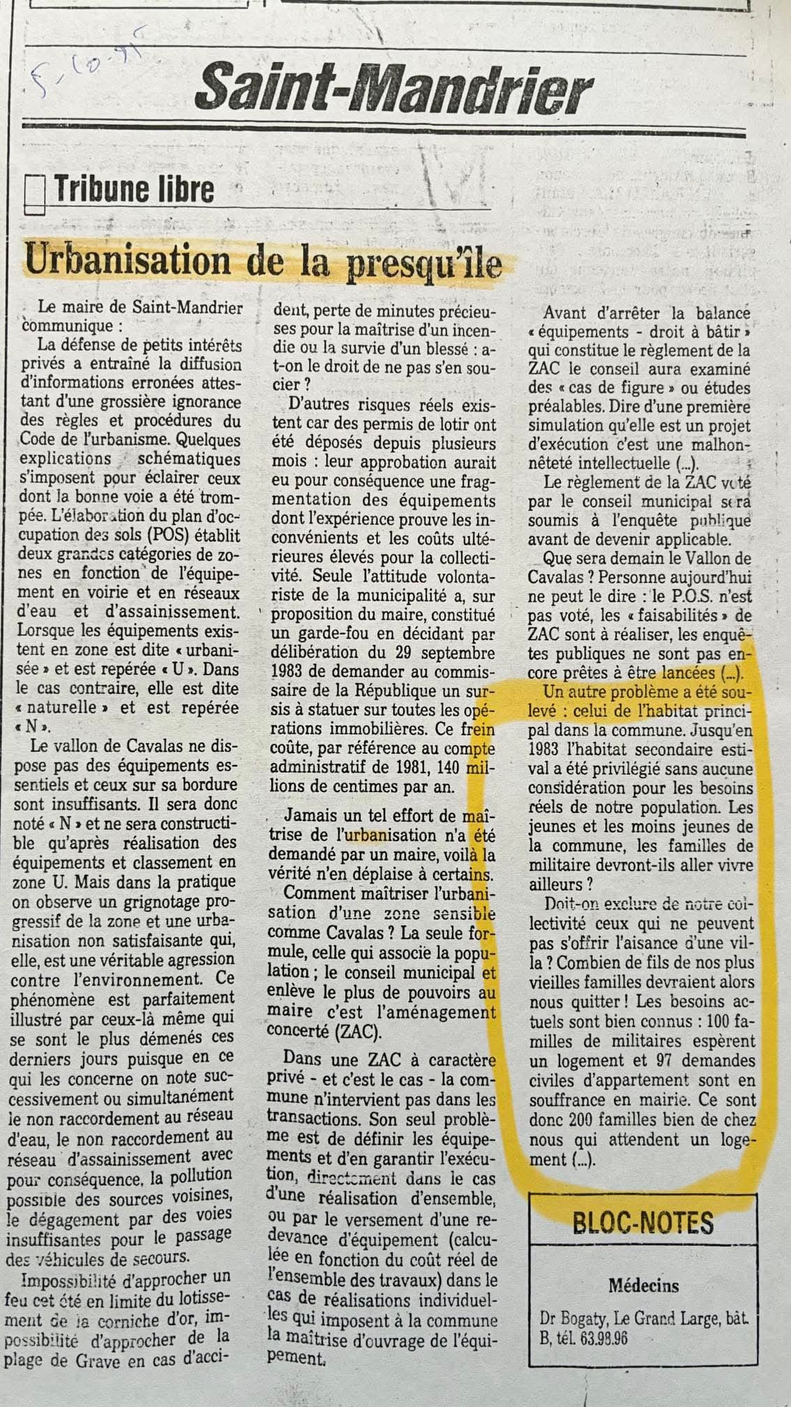 Var Matin 19911005 Urbanisation de la presqu'ile